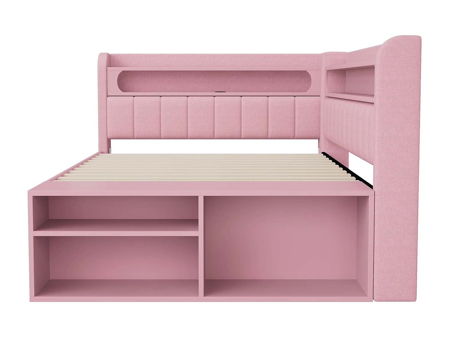 Canapé-lit capitonné 90x200 cm - éclairage LED et port USB - 2 tiroirs et étagère à chaussures - MDF+Lin - Rose(sans matelas)