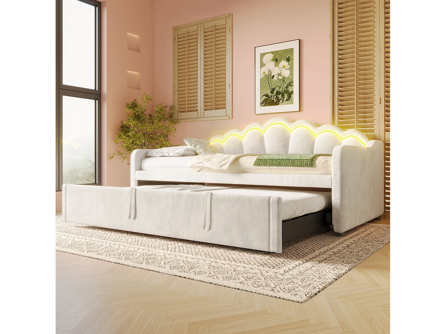 Lit banquette avec lit gigogne - 90/180 x 200 cm - avec Leds - velours - beige