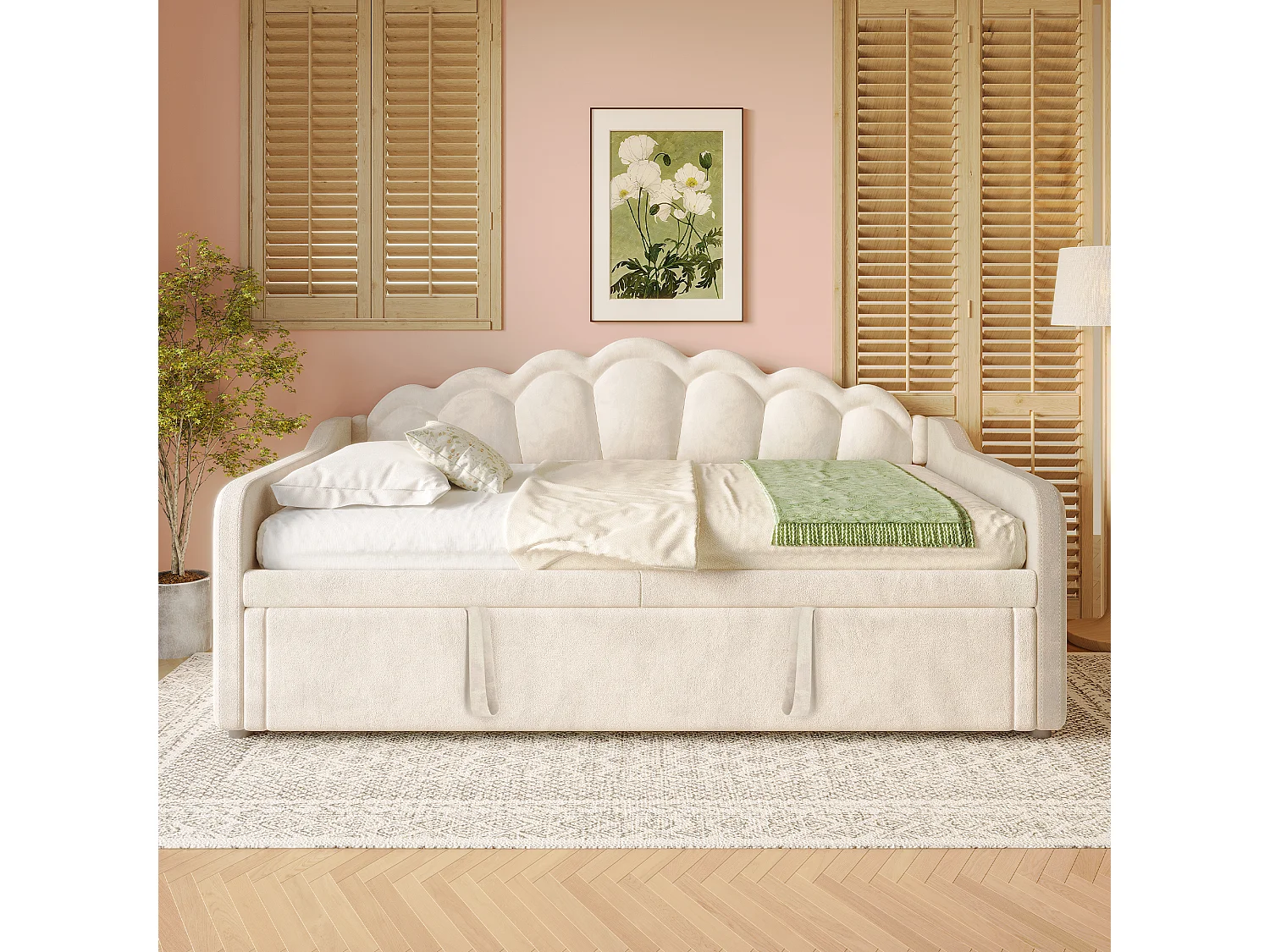 Lit banquette avec lit gigogne - 90/180 x 200 cm - avec Leds - velours - beige