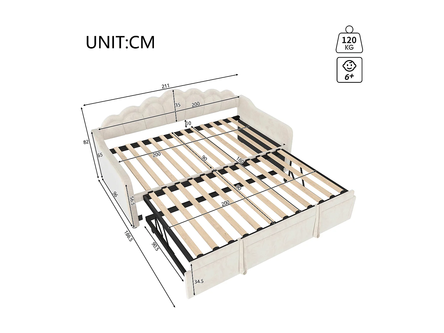 Lit banquette avec lit gigogne - 90/180 x 200 cm - avec Leds - velours - beige