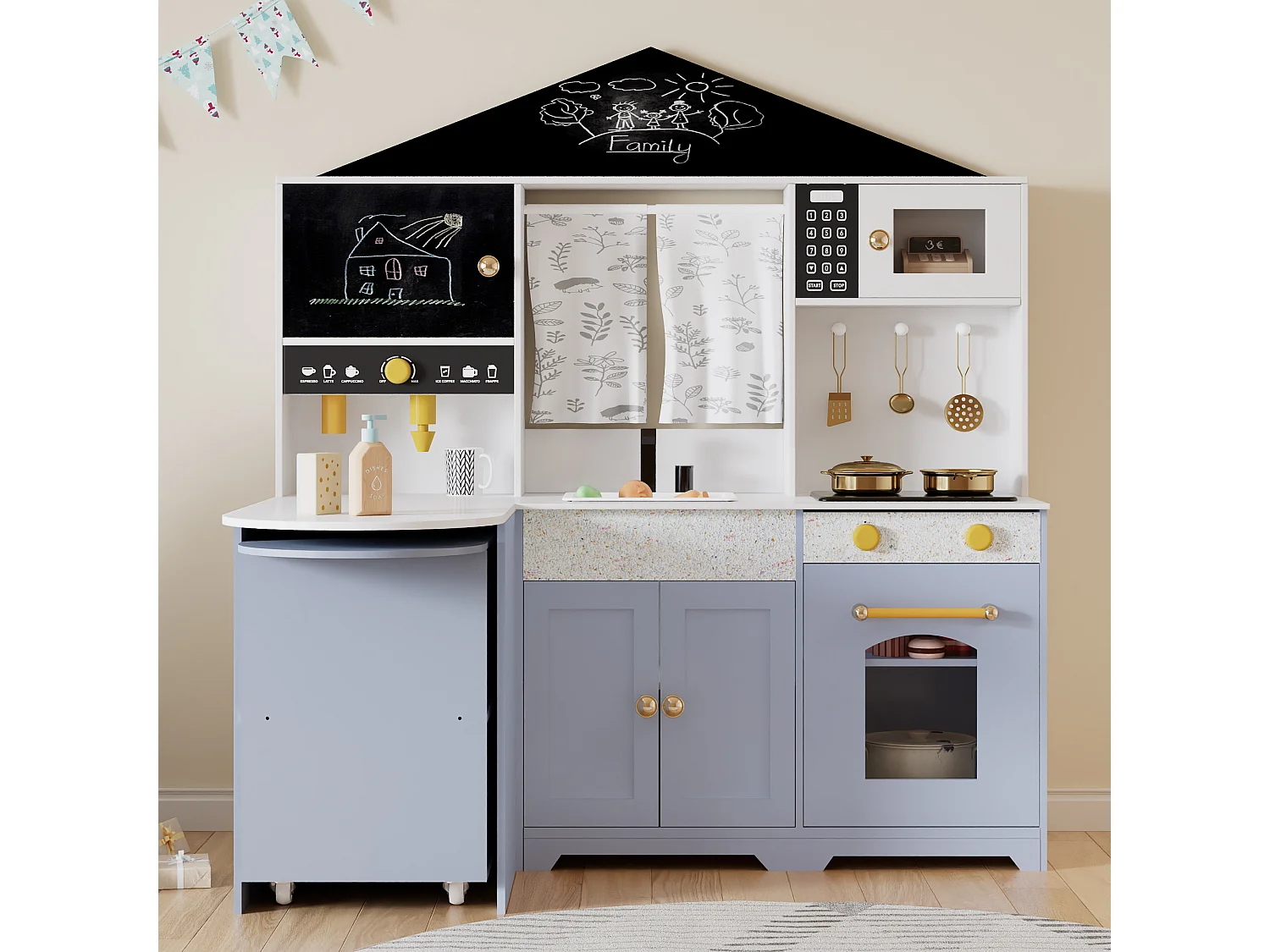 Cuisine Enfants en bois 90x60x105cm - cuisine entièrement équipée - Jouet d’Imitation pour 3 Ans+ (Blanc+Violet)