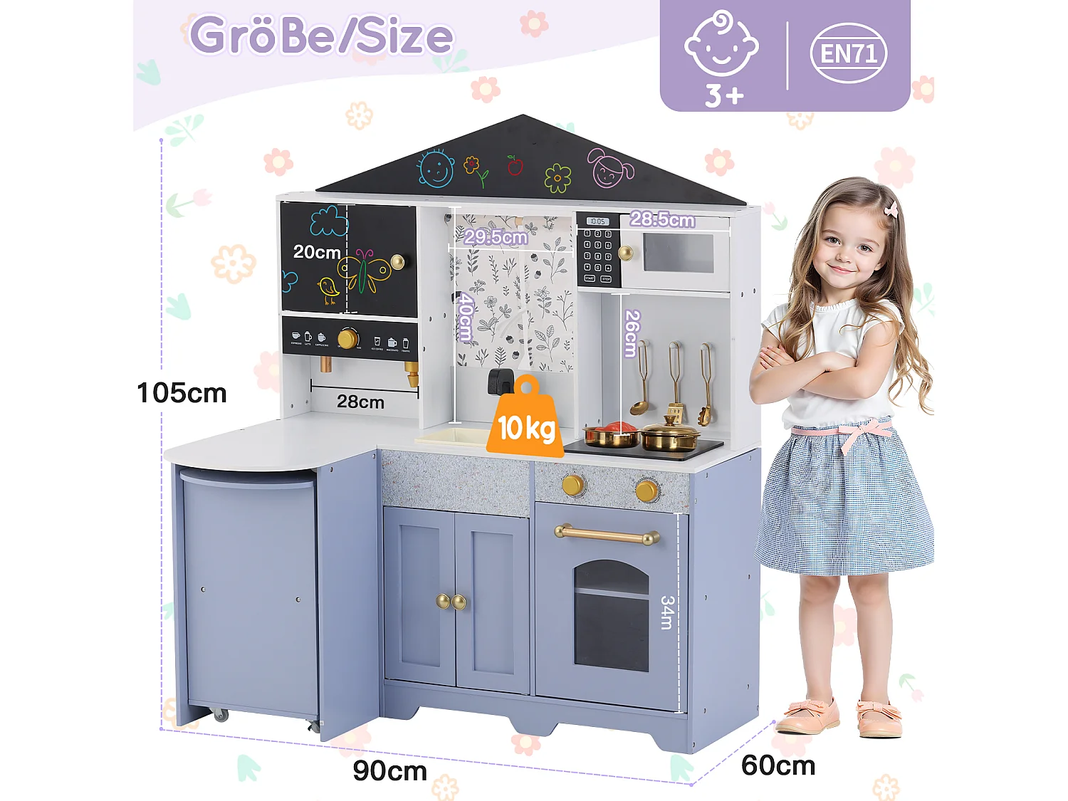 Cuisine Enfants en bois 90x60x105cm - cuisine entièrement équipée - Jouet d’Imitation pour 3 Ans+ (Blanc+Violet)