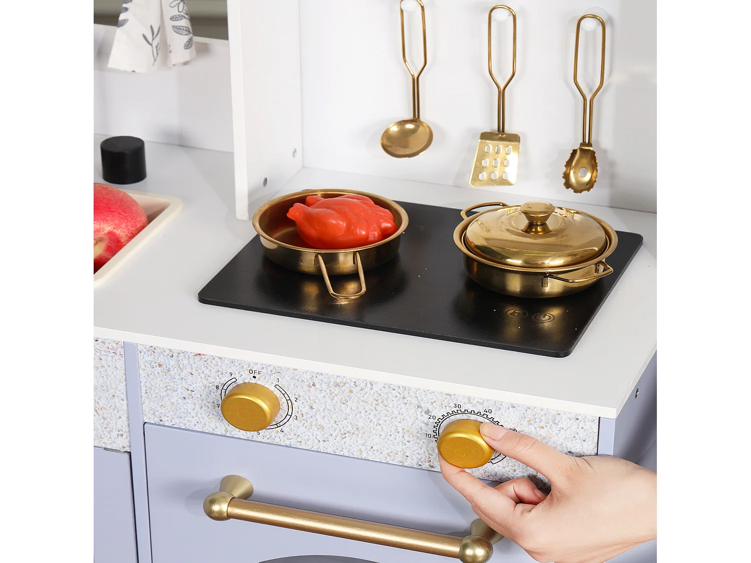 Cuisine Enfants en bois 90x60x105cm - cuisine entièrement équipée - Jouet d’Imitation pour 3 Ans+ (Blanc+Violet)