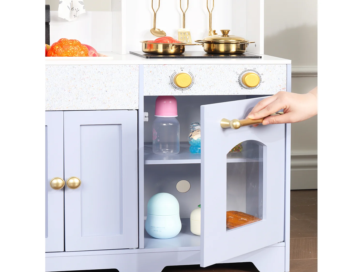 Cuisine Enfants en bois 90x60x105cm - cuisine entièrement équipée - Jouet d’Imitation pour 3 Ans+ (Blanc+Violet)