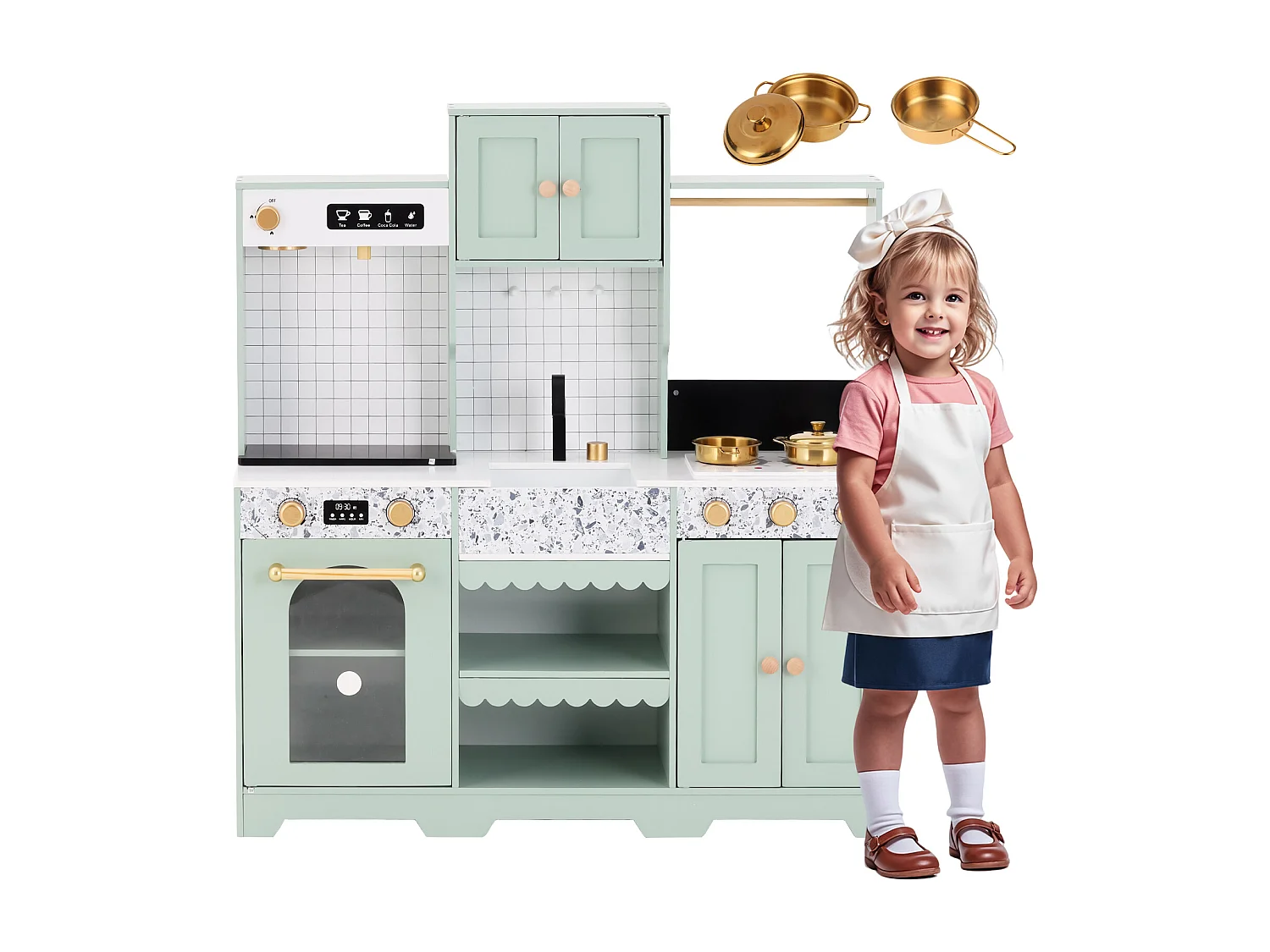 Cuisine Enfants en bois 90x30x98cm - cuisine entièrement équipée - Jouet d’Imitation pour 3 Ans+ (Blanc+Vert)