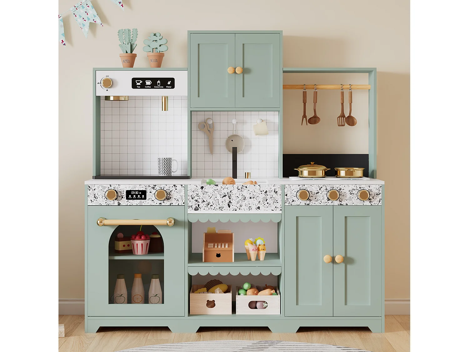 Cuisine Enfants en bois 90x30x98cm - cuisine entièrement équipée - Jouet d’Imitation pour 3 Ans+ (Blanc+Vert)