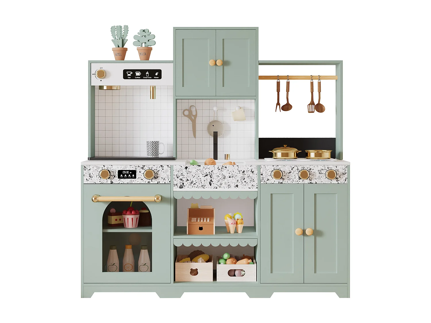 Cuisine Enfants en bois 90x30x98cm - cuisine entièrement équipée - Jouet d’Imitation pour 3 Ans+ (Blanc+Vert)