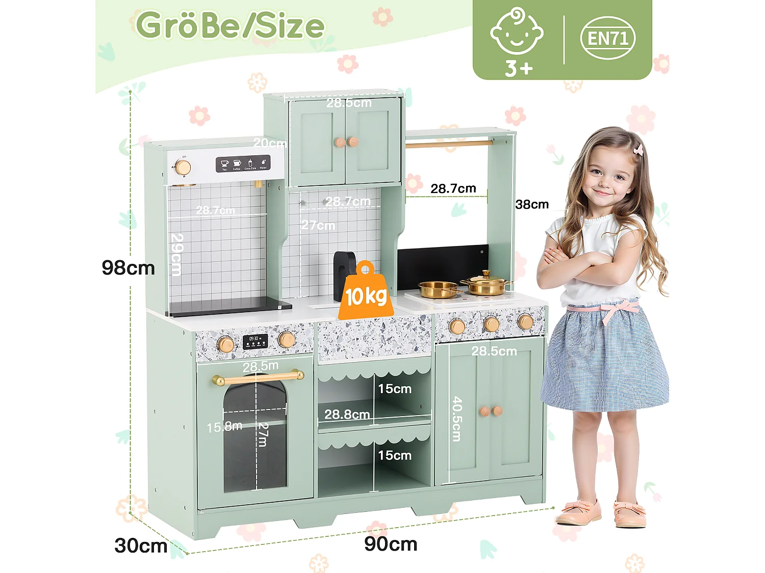 Cuisine Enfants en bois 90x30x98cm - cuisine entièrement équipée - Jouet d’Imitation pour 3 Ans+ (Blanc+Vert)