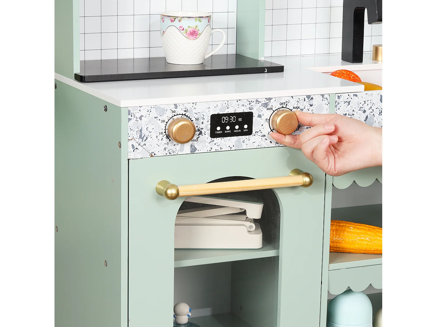 Cuisine Enfants en bois 90x30x98cm - cuisine entièrement équipée - Jouet d’Imitation pour 3 Ans+ (Blanc+Vert)