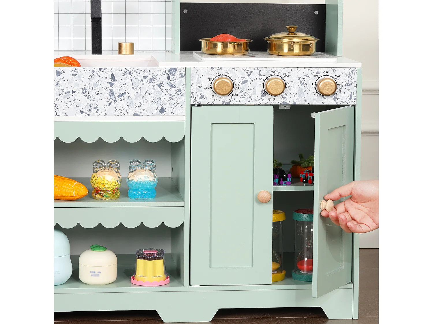 Cuisine Enfants en bois 90x30x98cm - cuisine entièrement équipée - Jouet d’Imitation pour 3 Ans+ (Blanc+Vert)