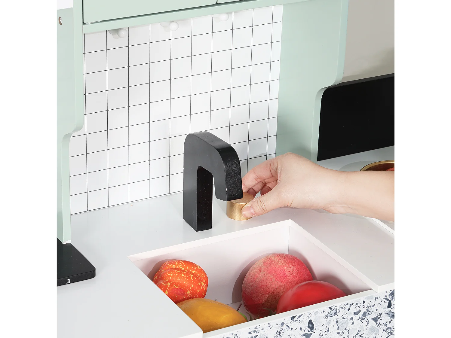 Cuisine Enfants en bois 90x30x98cm - cuisine entièrement équipée - Jouet d’Imitation pour 3 Ans+ (Blanc+Vert)