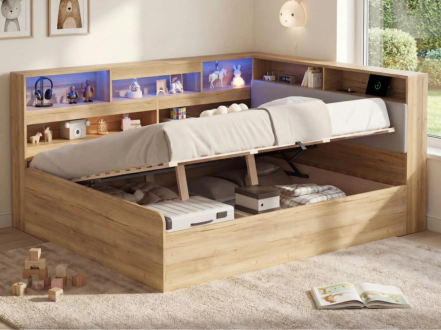 Kinderbett mit Stauraum 140x200cm - mit USB-Anschluss und LED - Stauraum unter dem Bett - Staufächer - MDF - Natur​ (ohne Matratze)