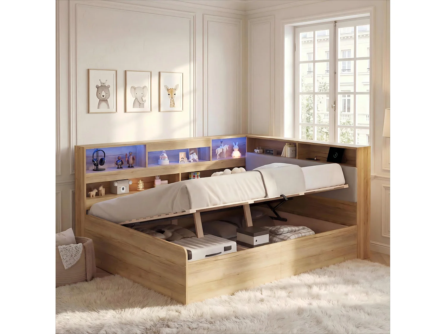 Kinderbett mit Stauraum 140x200cm - mit USB-Anschluss und LED - Stauraum unter dem Bett - Staufächer - MDF - Natur​ (ohne Matratze)