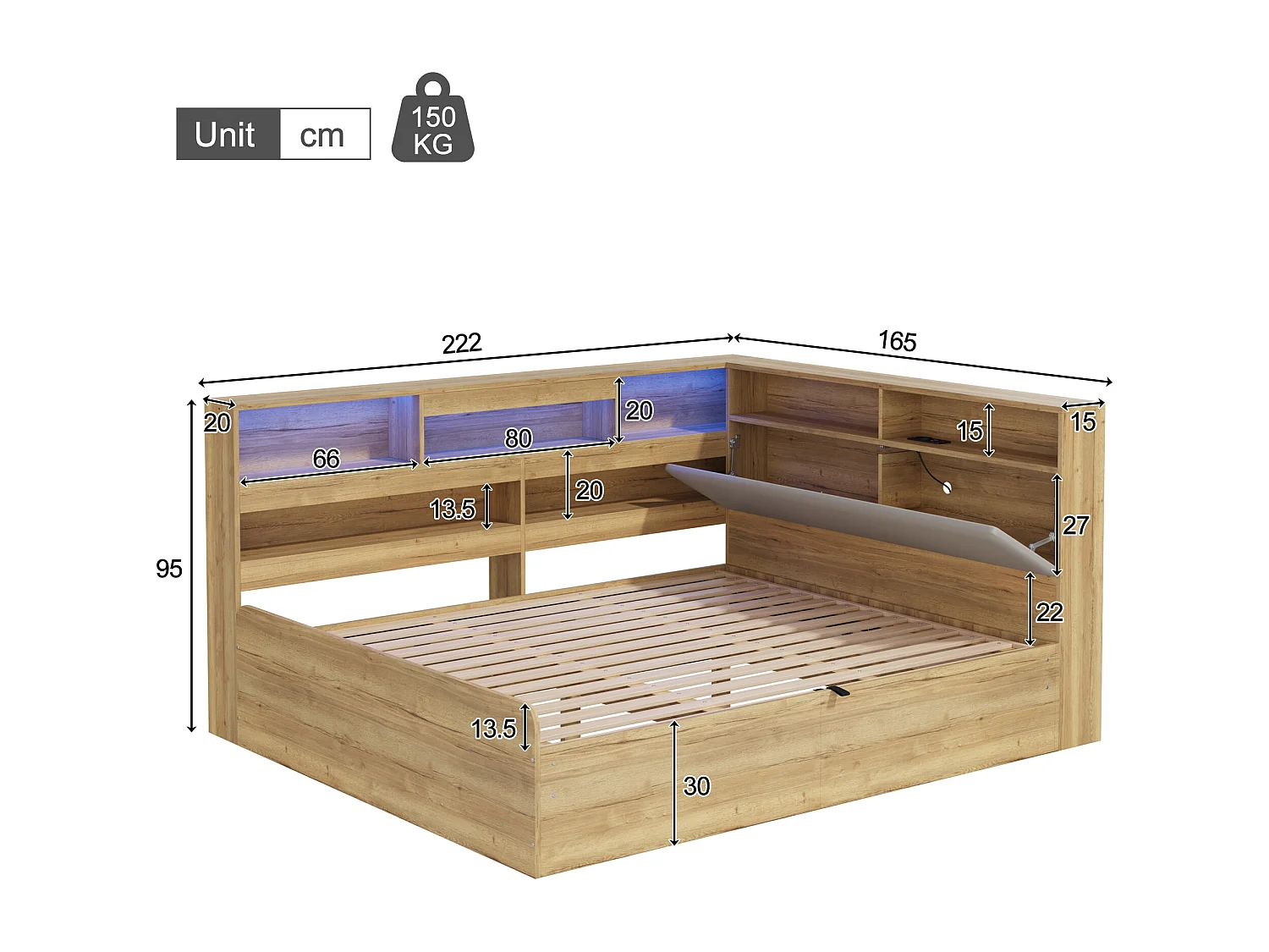 Kinderbett mit Stauraum 140x200cm - mit USB-Anschluss und LED - Stauraum unter dem Bett - Staufächer - MDF - Natur​ (ohne Matratze)
