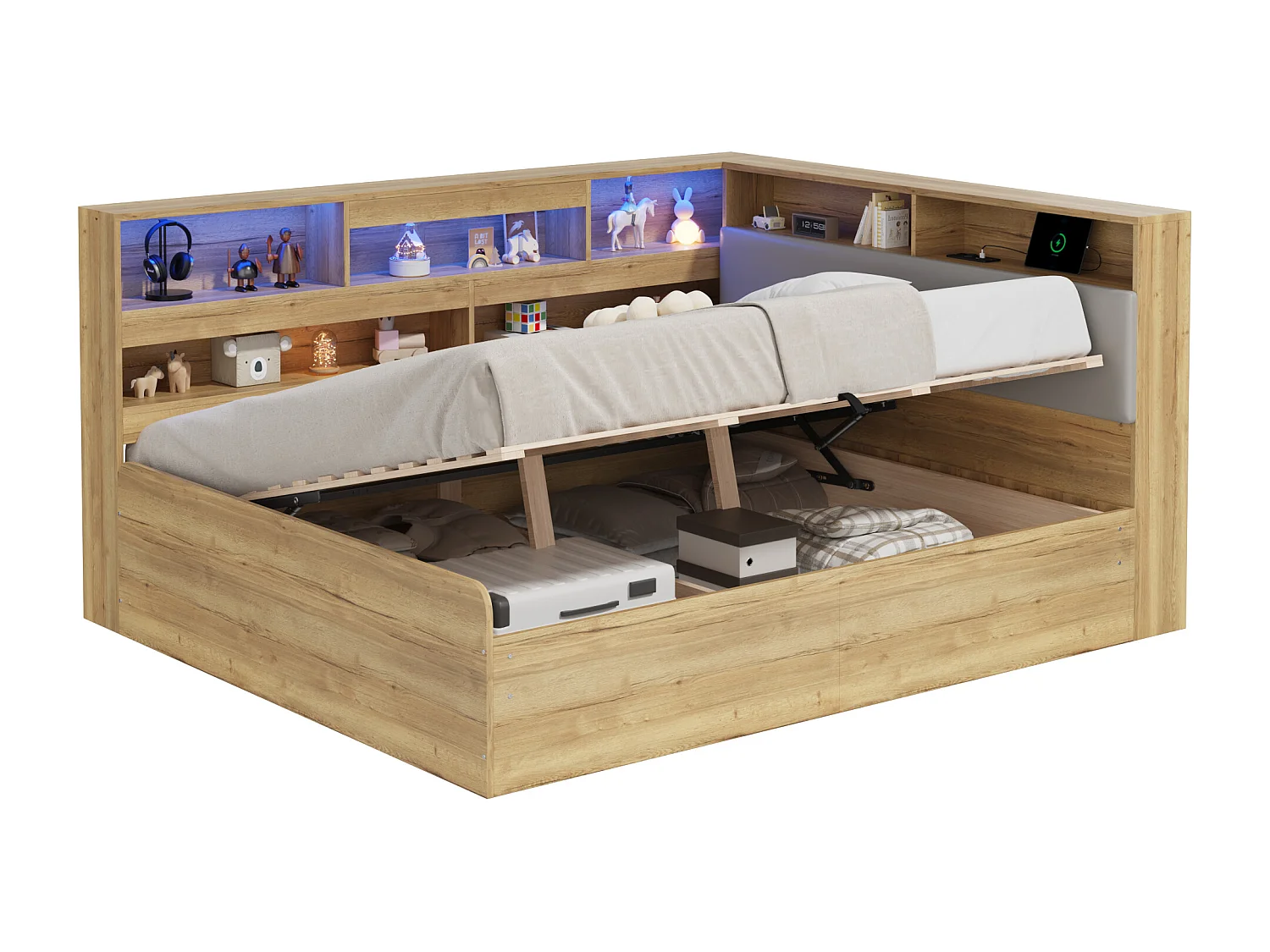 Kinderbett mit Stauraum 140x200cm - mit USB-Anschluss und LED - Stauraum unter dem Bett - Staufächer - MDF - Natur​ (ohne Matratze)