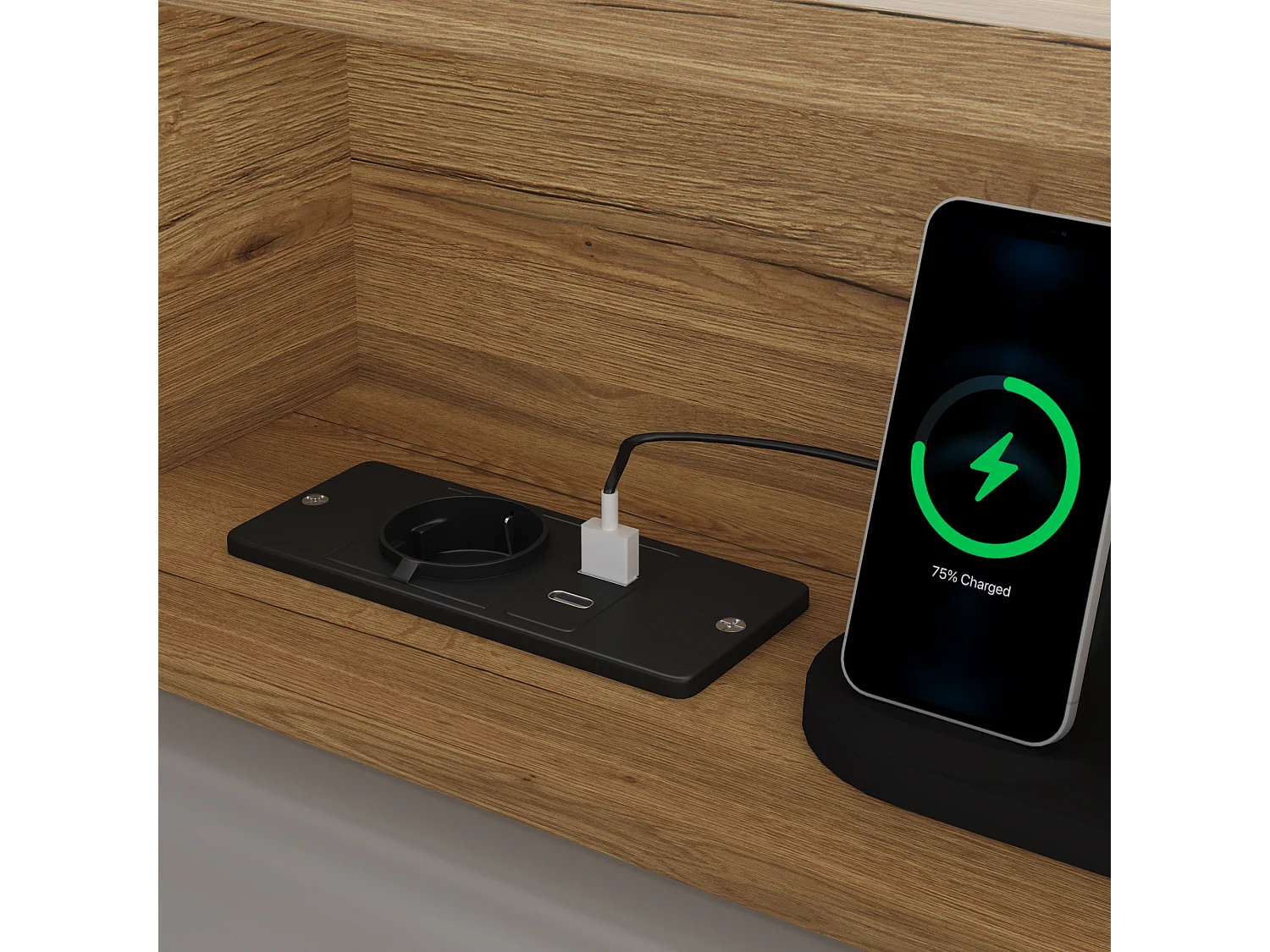 Kinderbett mit Stauraum 140x200cm - mit USB-Anschluss und LED - Stauraum unter dem Bett - Staufächer - MDF - Natur​ (ohne Matratze)