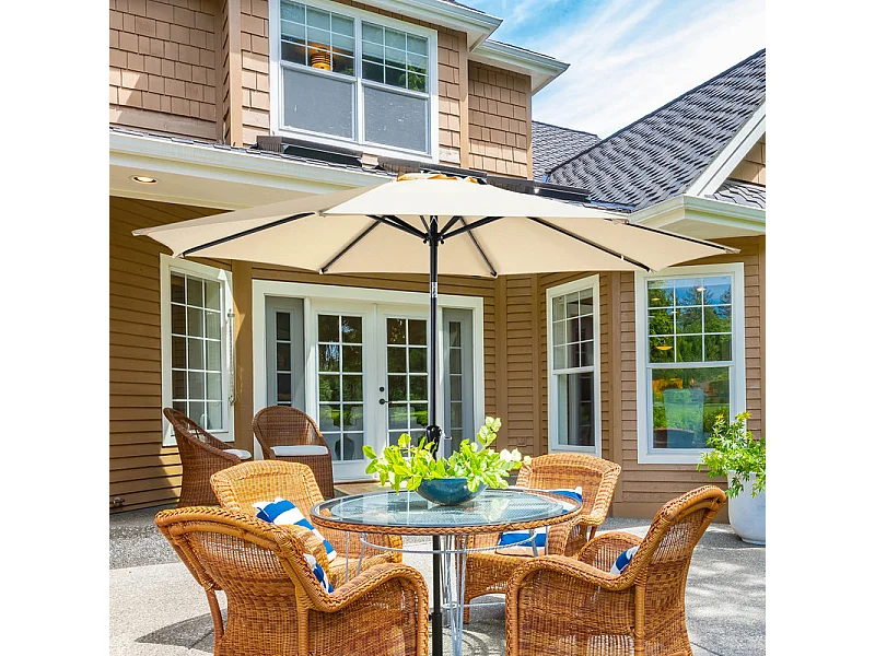 Parasol Ventilé 228 cm Rond Beige pour L'extérieur, Manivelle, Inclinaison par Bouton Poussoir