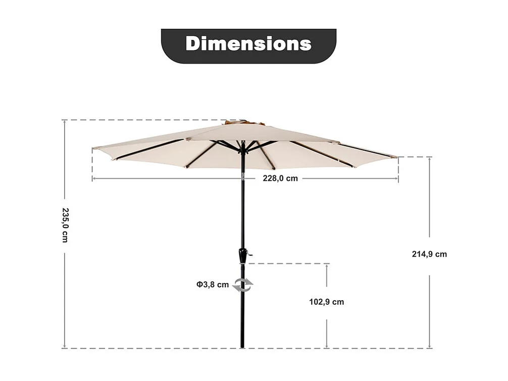 Parasol Ventilé 228 cm Rond Beige pour L'extérieur, Manivelle, Inclinaison par Bouton Poussoir
