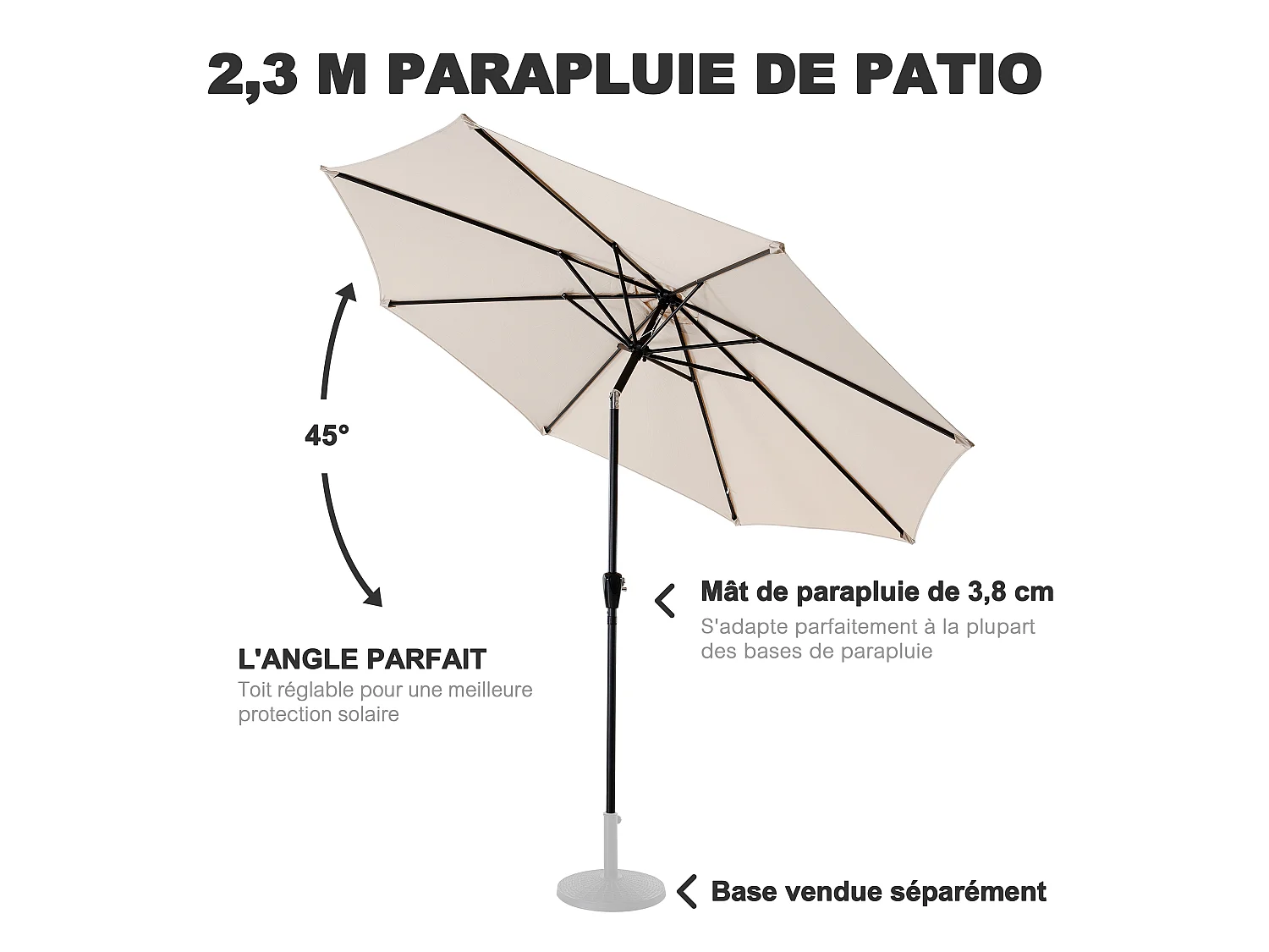 Parasol Ventilé 228 cm Rond Beige pour L'extérieur, Manivelle, Inclinaison par Bouton Poussoir