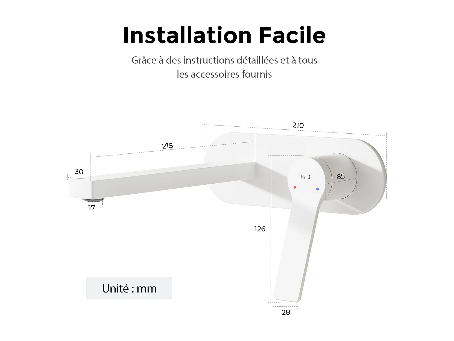 EMKE Mitigeur de lavabo mural encastrable blanc mat cartouche céramique laiton L.21xH.7 cm