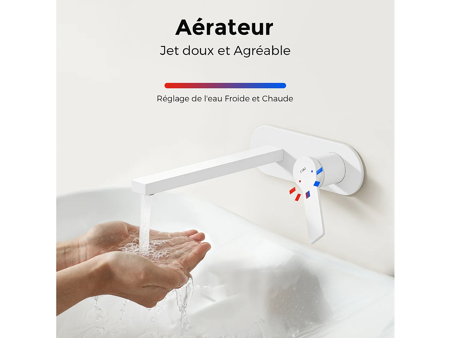 EMKE Mitigeur de lavabo mural encastrable blanc mat cartouche céramique laiton L.21xH.7 cm
