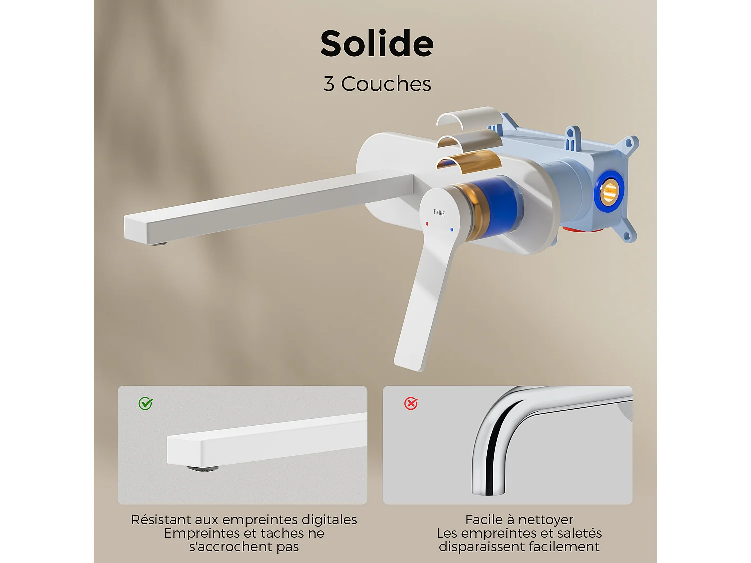 EMKE Mitigeur de lavabo mural encastrable blanc mat cartouche céramique laiton L.21xH.7 cm