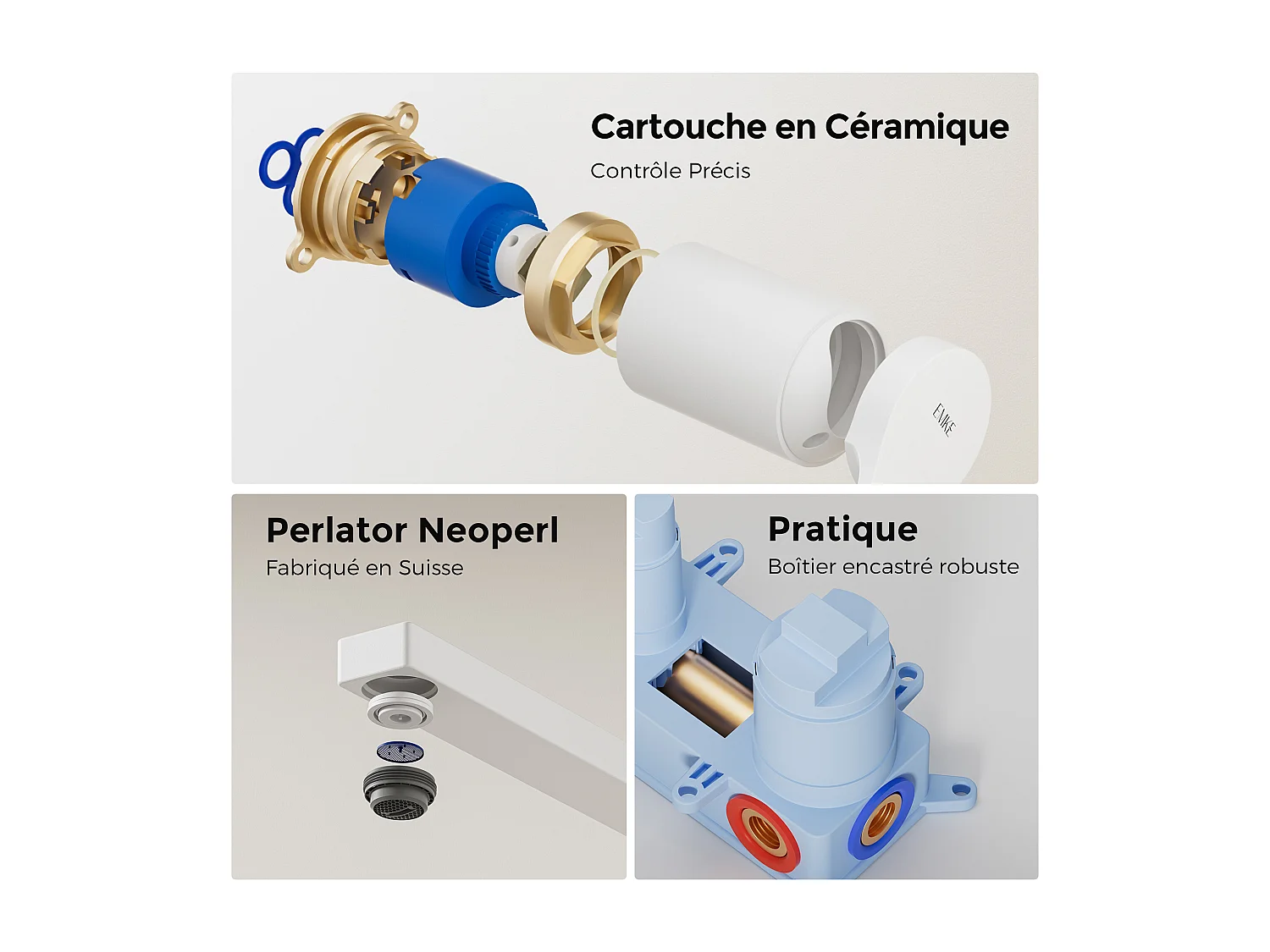 EMKE Mitigeur de lavabo mural encastrable blanc mat cartouche céramique laiton L.21xH.7 cm