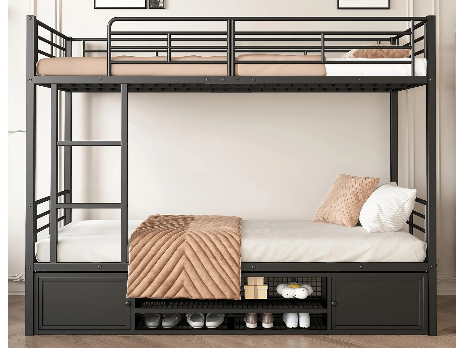 Beliche de ferro 90x200cm - com sapateira e escada - Preto