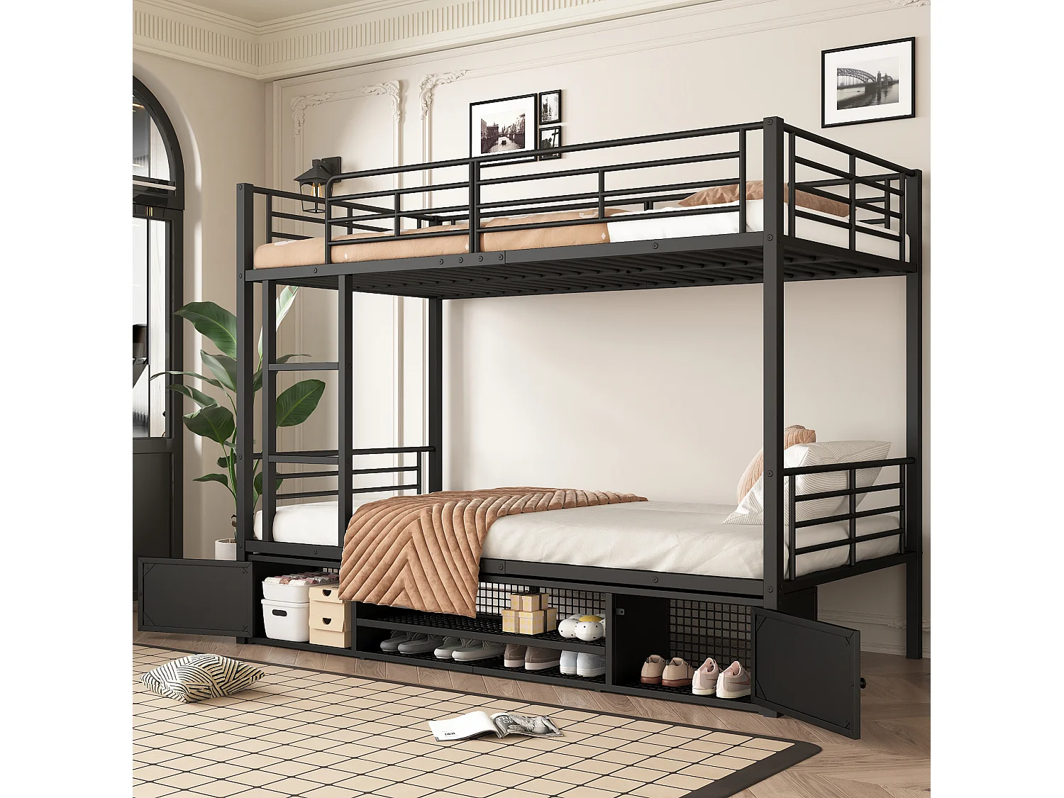 Beliche de ferro 90x200cm - com sapateira e escada - Preto