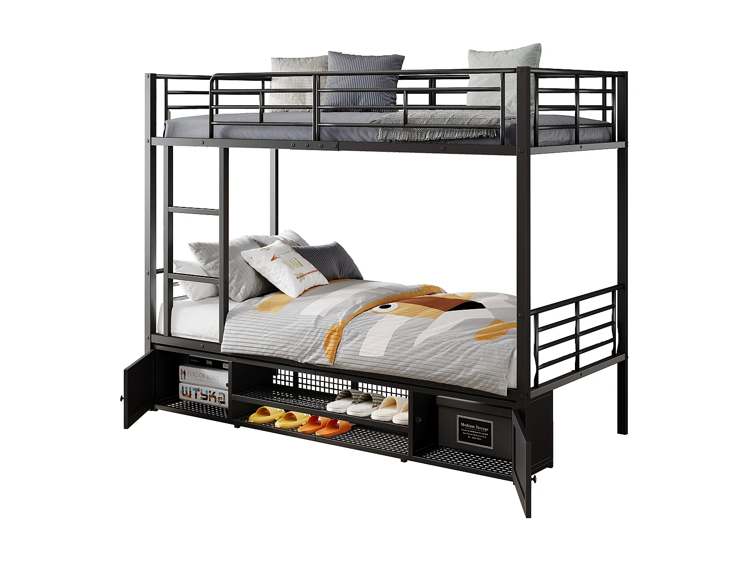 Beliche de ferro 90x200cm - com sapateira e escada - Preto