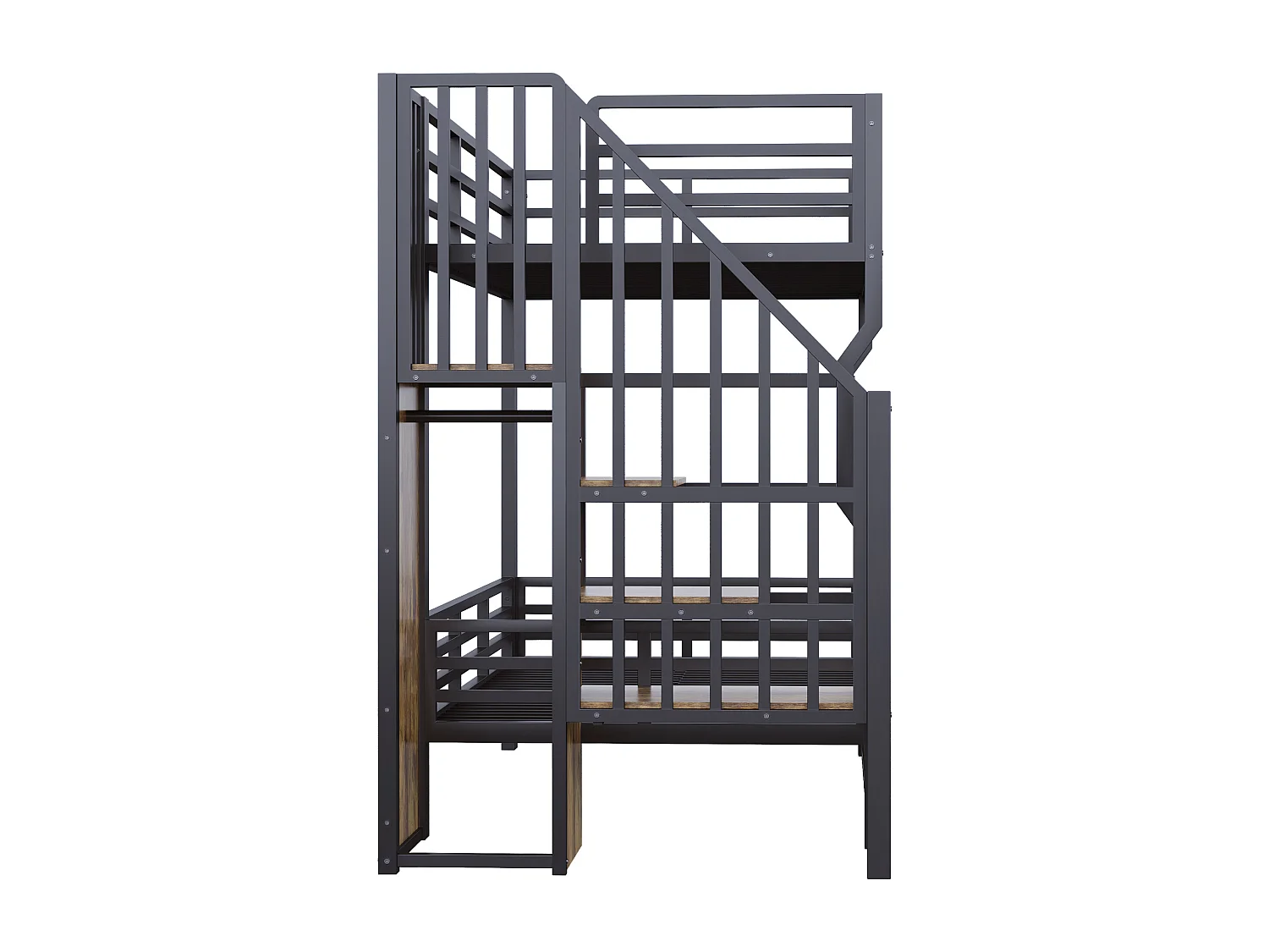 Łóżko piętrowe z kutego żelaza 90×200 cm - z drabiną z pojemnikami - z oświetleniem LED - z drabiną bezpieczeństwa - czarny​ (materac nie jest wliczony w cenę)