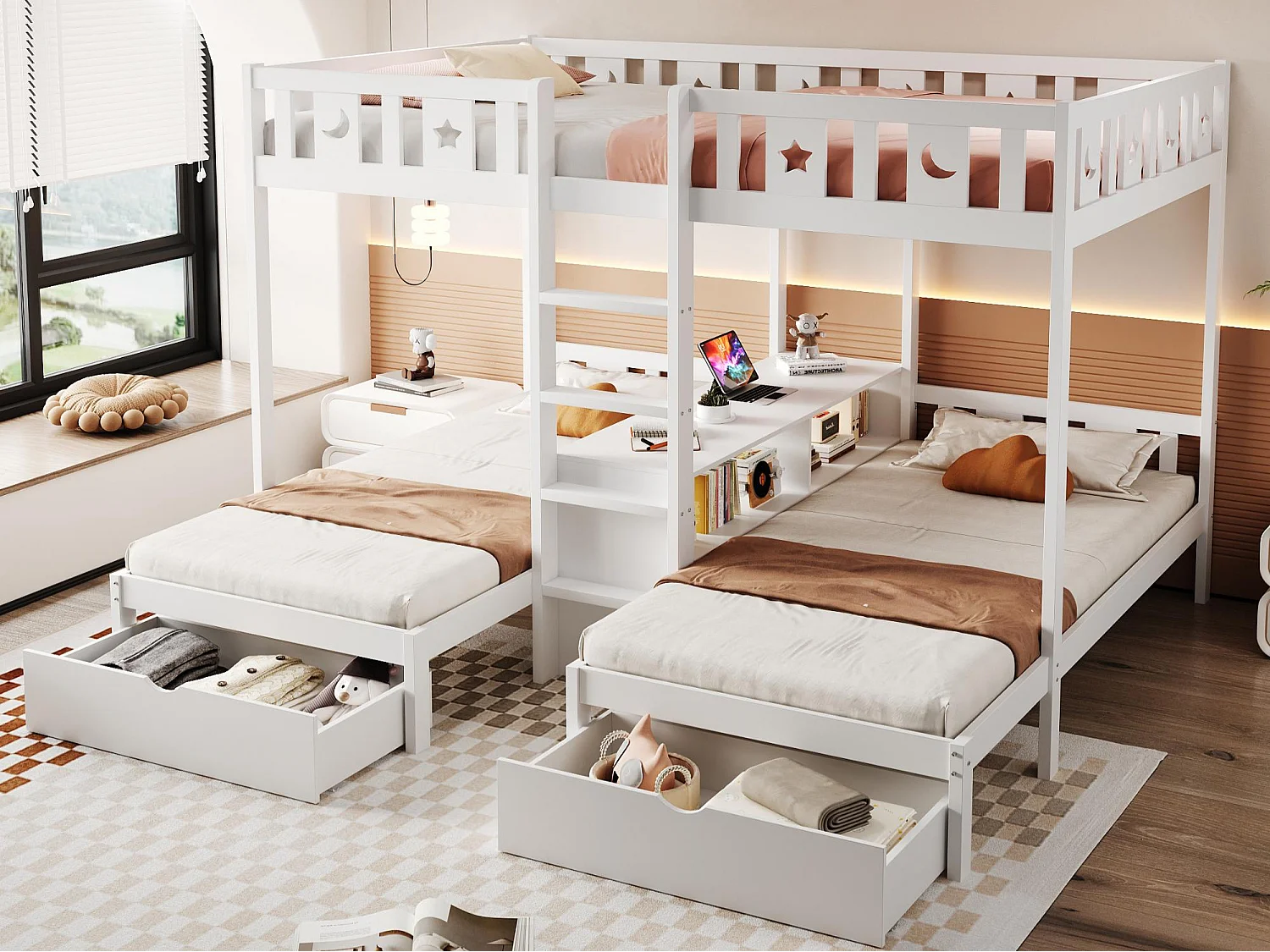 Etagenbett 90x200 + 140x200cm - mit 2 Schubladen - mit Sicherheitsgittern - weiß​ (ohne Matratze)