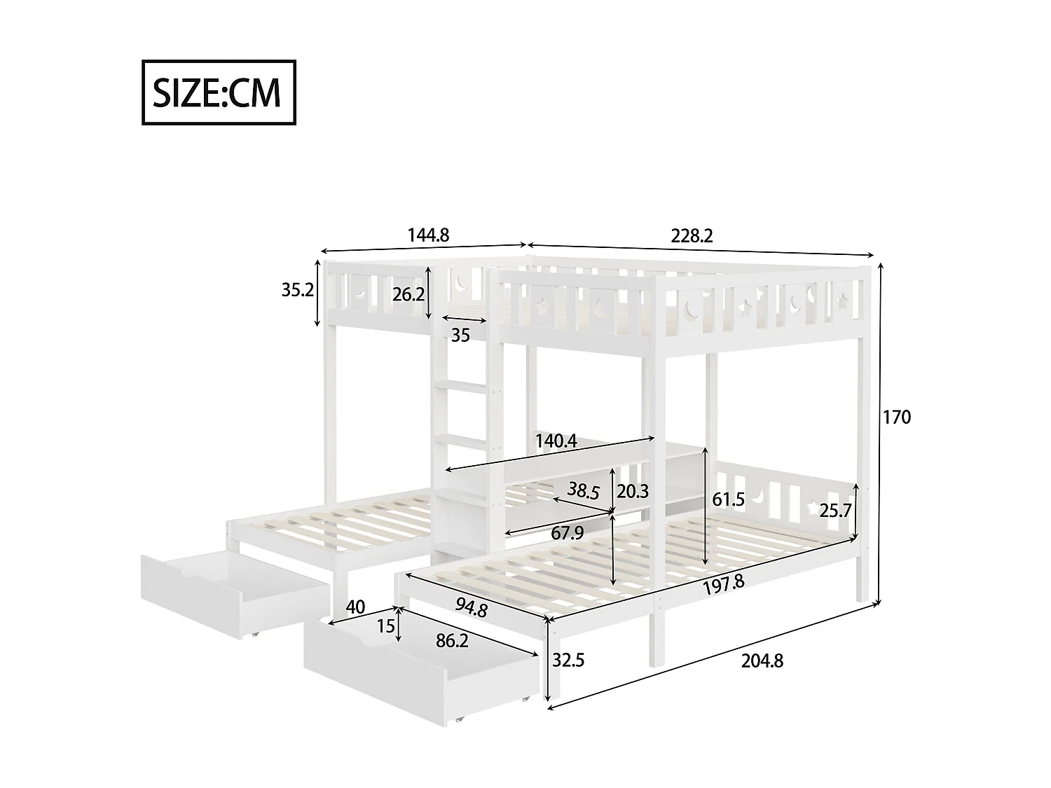 Etagenbett 90x200 + 140x200cm - mit 2 Schubladen - mit Sicherheitsgittern - weiß​ (ohne Matratze)
