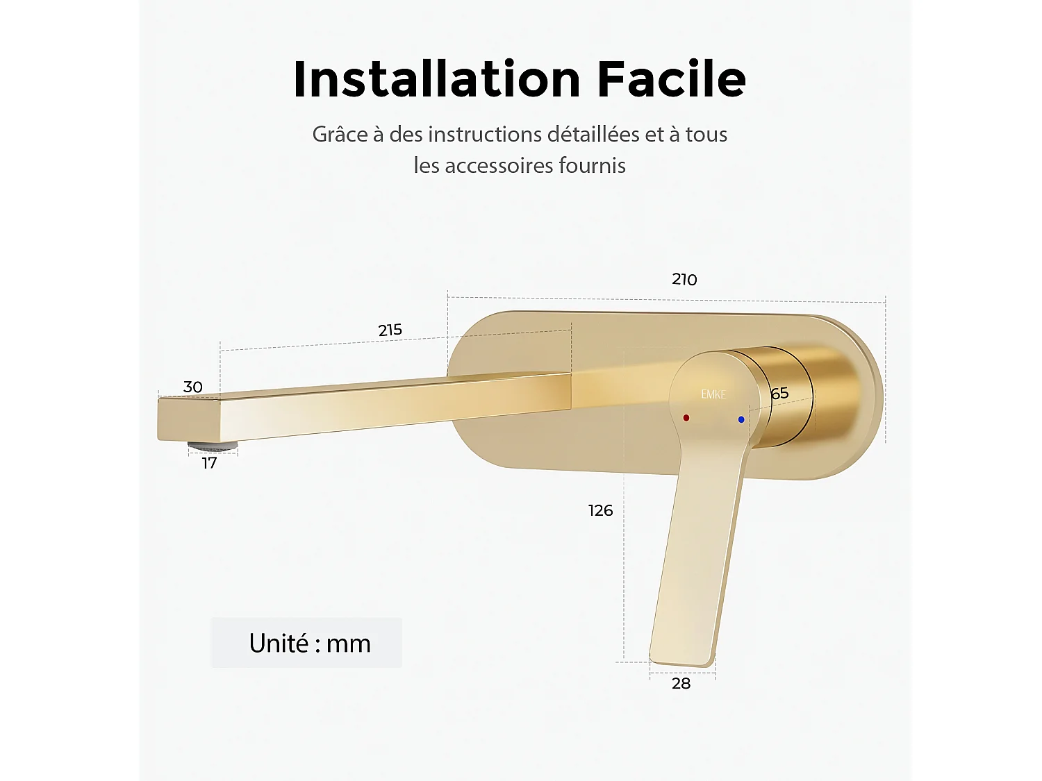 EMKE inbouw wastafelkraan wandkraan mengkraan messing keramisch binnenwerk champagne goud L.21 cm