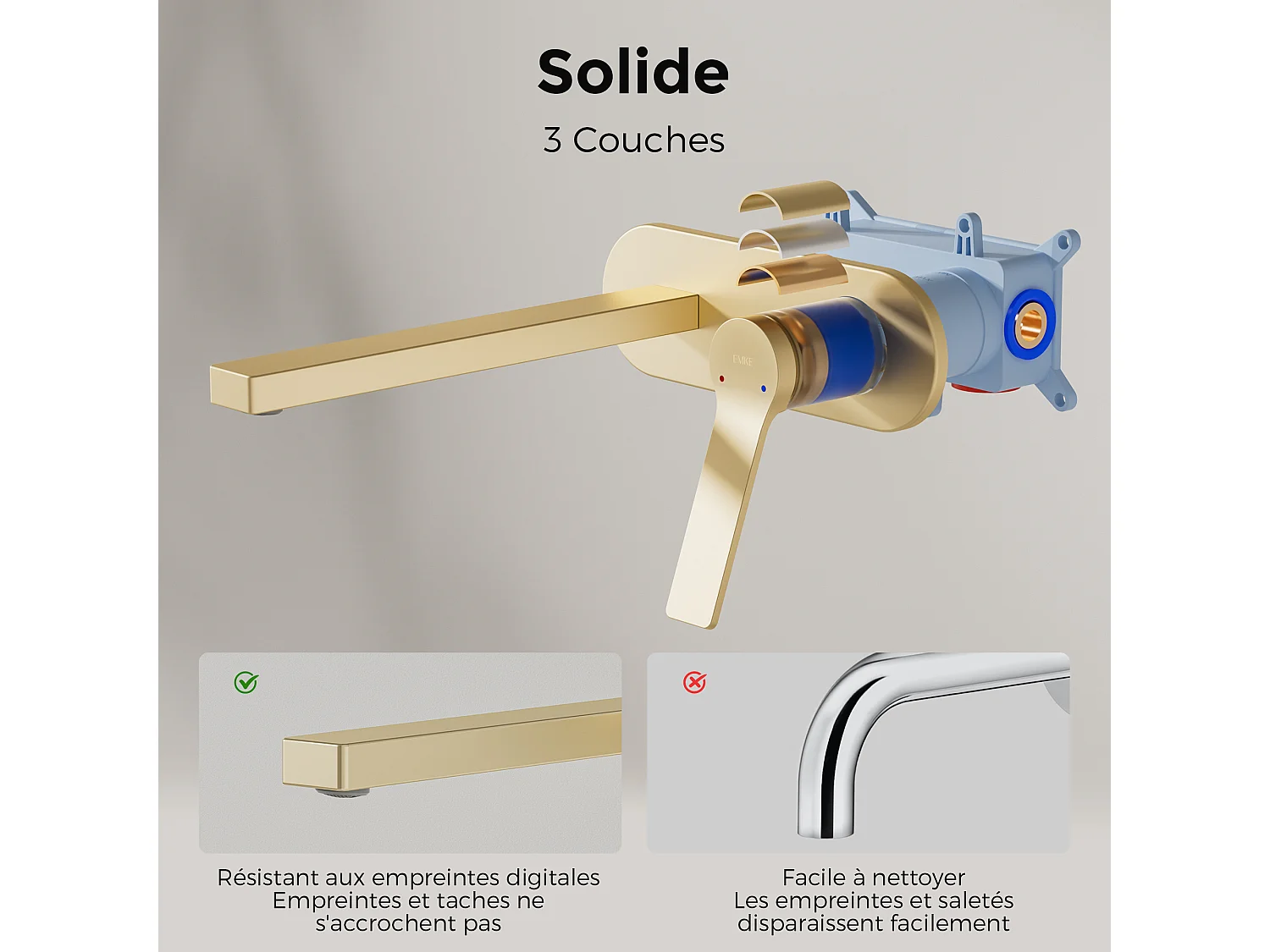 EMKE inbouw wastafelkraan wandkraan mengkraan messing keramisch binnenwerk champagne goud L.21 cm