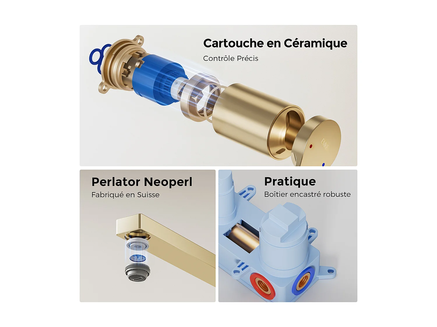 EMKE inbouw wastafelkraan wandkraan mengkraan messing keramisch binnenwerk champagne goud L.21 cm