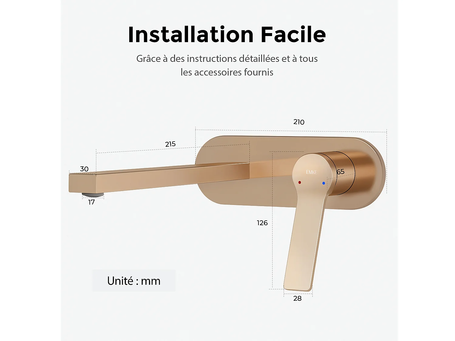 EMKE Mitigeur de lavabo mural encastrable or rose cartouche céramique laiton L.21xH.7 cm