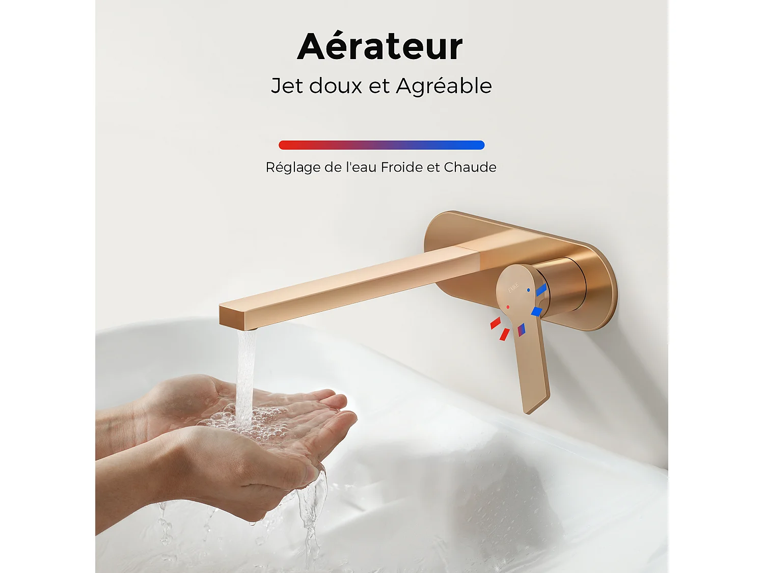 EMKE Mitigeur de lavabo mural encastrable or rose cartouche céramique laiton L.21xH.7 cm