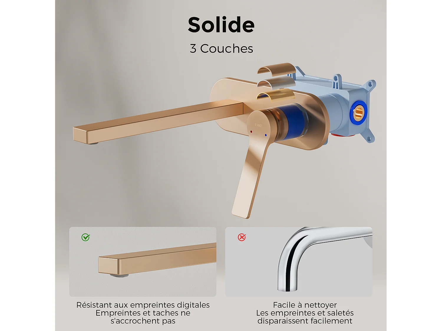 EMKE Mitigeur de lavabo mural encastrable or rose cartouche céramique laiton L.21xH.7 cm