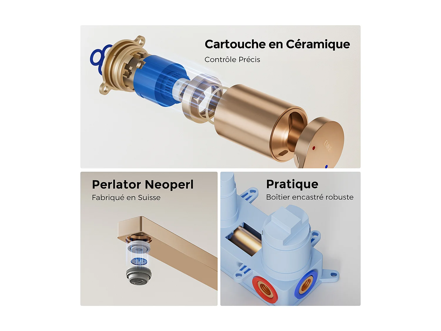 EMKE Mitigeur de lavabo mural encastrable or rose cartouche céramique laiton L.21xH.7 cm