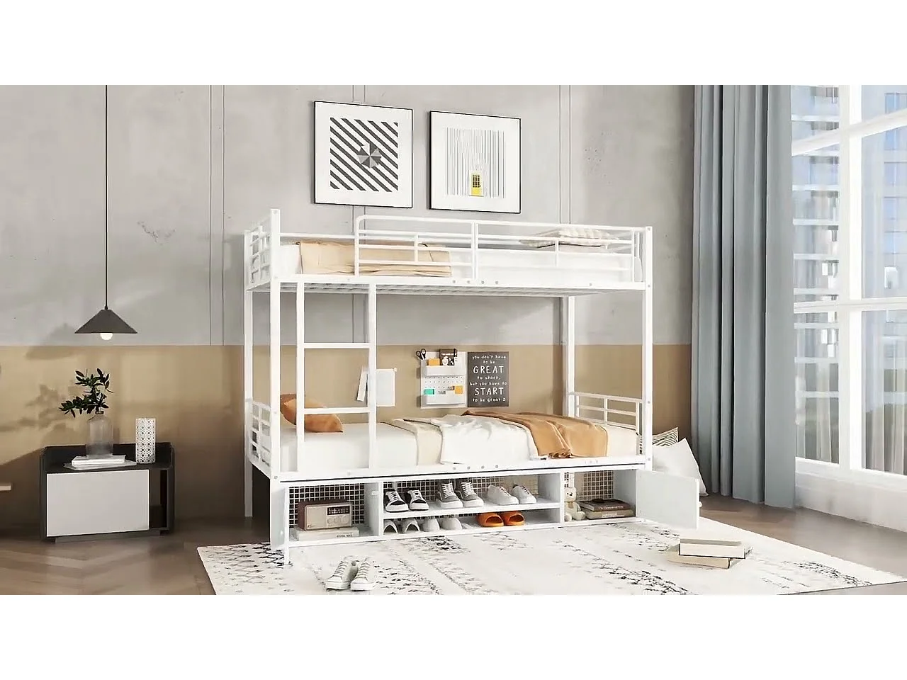 Etagenbett aus Eisen 90 x 200 cm – mit Schuhschrank und Leiter – Weiß