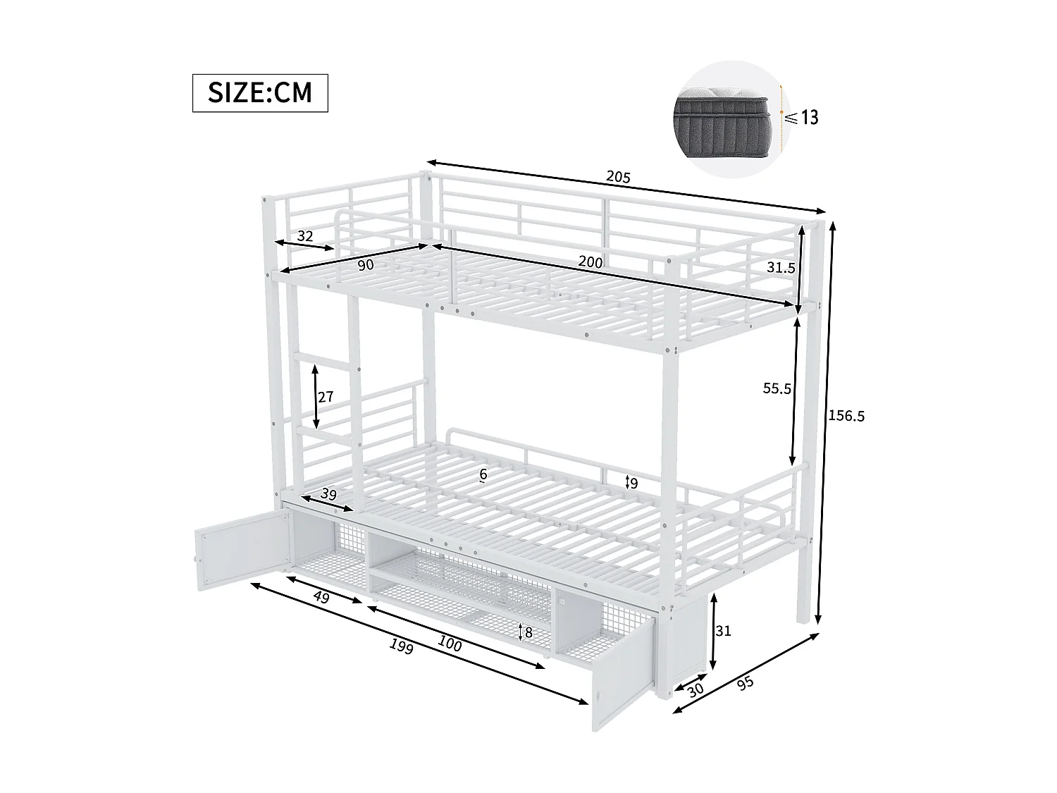 Etagenbett aus Eisen 90 x 200 cm – mit Schuhschrank und Leiter – Weiß