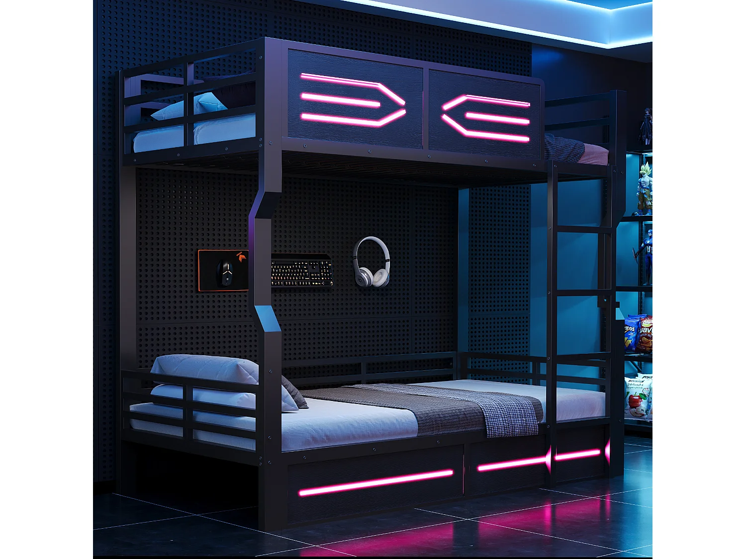 Letto sovrapposto 90 x 200 cm - con illuminazione LED - con barriere di sicurezza - con scala - nero​ (materasso non incluso)