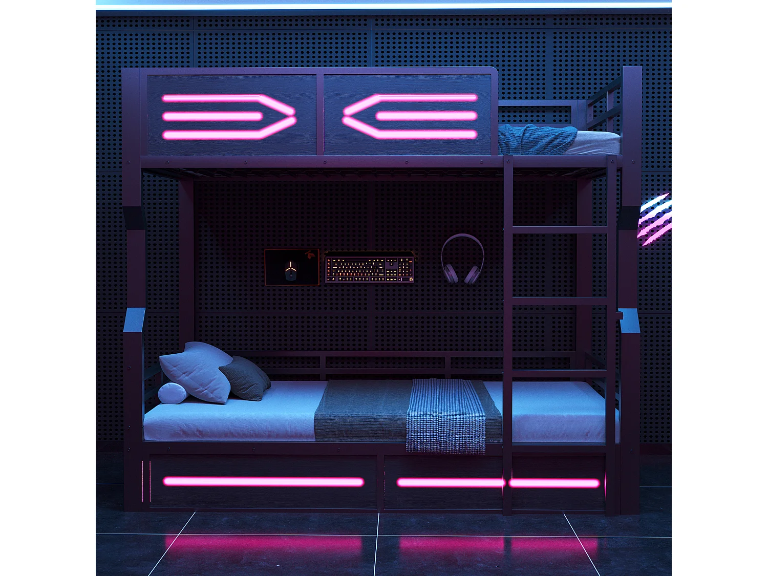 Letto sovrapposto 90 x 200 cm - con illuminazione LED - con barriere di sicurezza - con scala - nero​ (materasso non incluso)