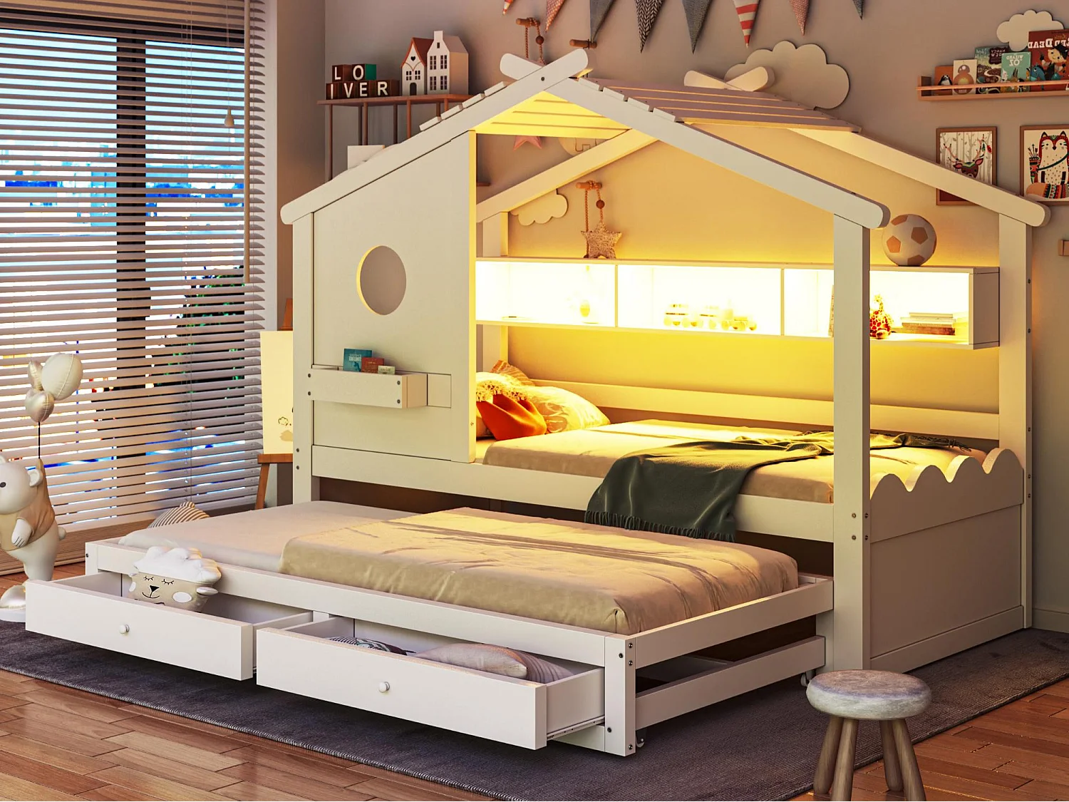 Kinderbett 90x200cm - mit Gästebett 90x190cm - mit 2 Schubladen - mit USB- und Type-C-Ladeanschlüssen - mit LED-Lichtern - weiß