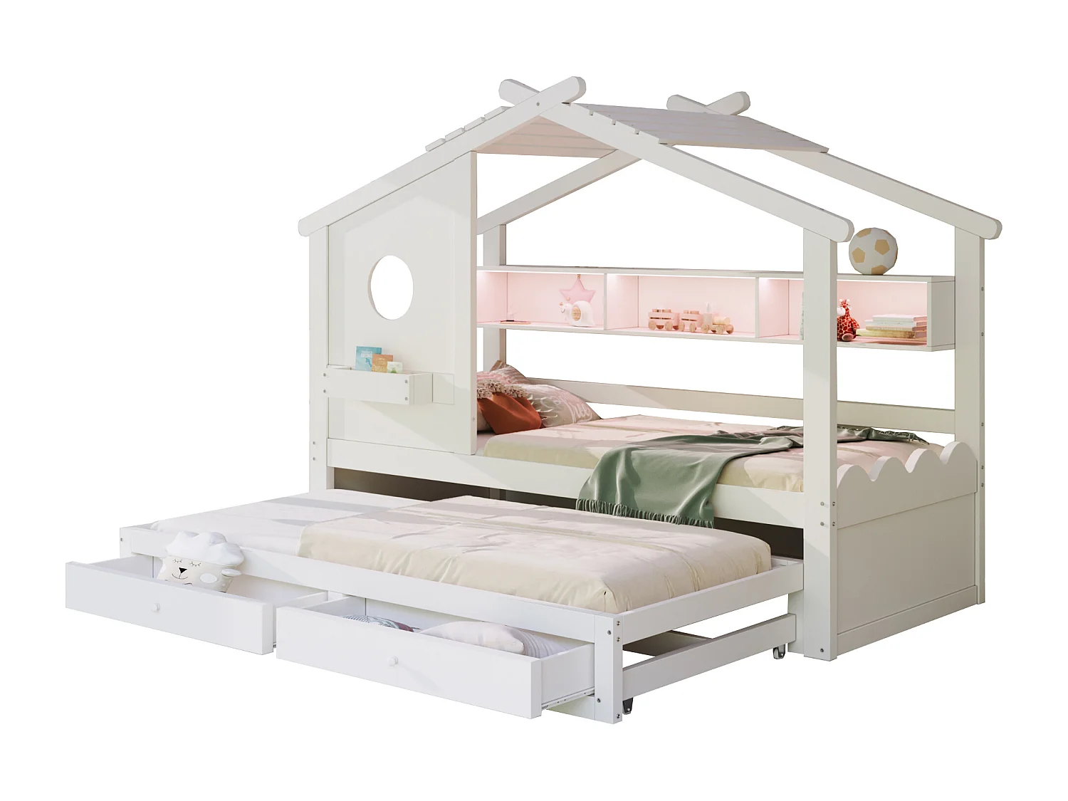 Kinderbett 90x200cm - mit Gästebett 90x190cm - mit 2 Schubladen - mit USB- und Type-C-Ladeanschlüssen - mit LED-Lichtern - weiß