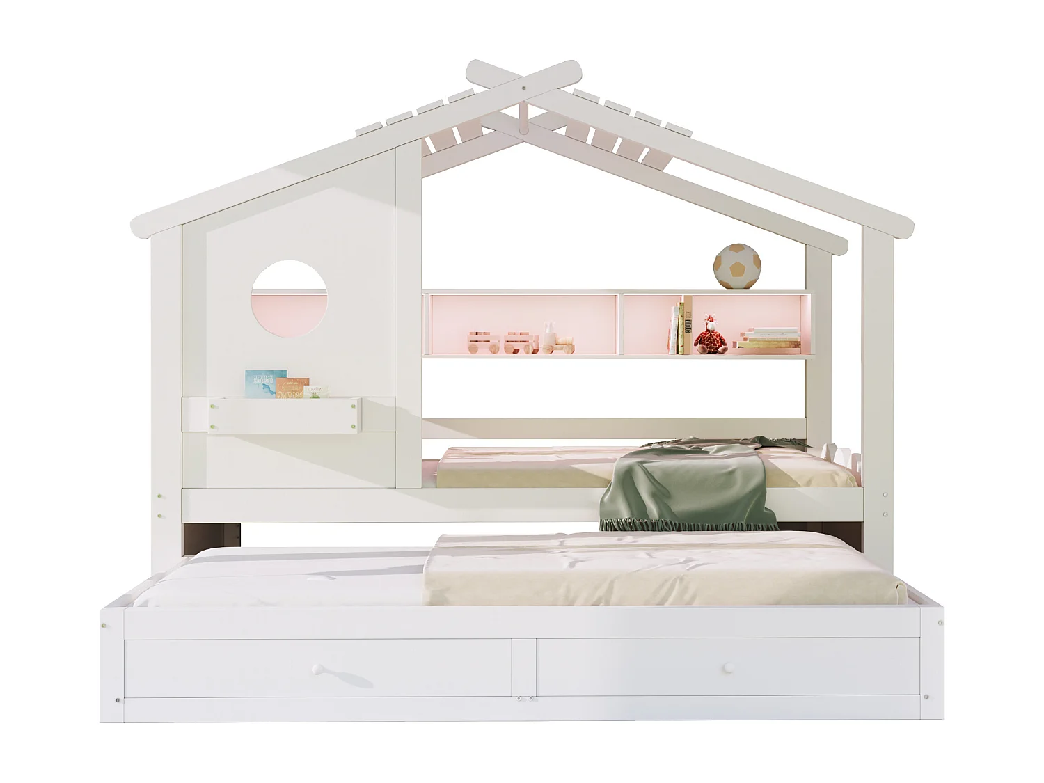 Kinderbett 90x200cm - mit Gästebett 90x190cm - mit 2 Schubladen - mit USB- und Type-C-Ladeanschlüssen - mit LED-Lichtern - weiß