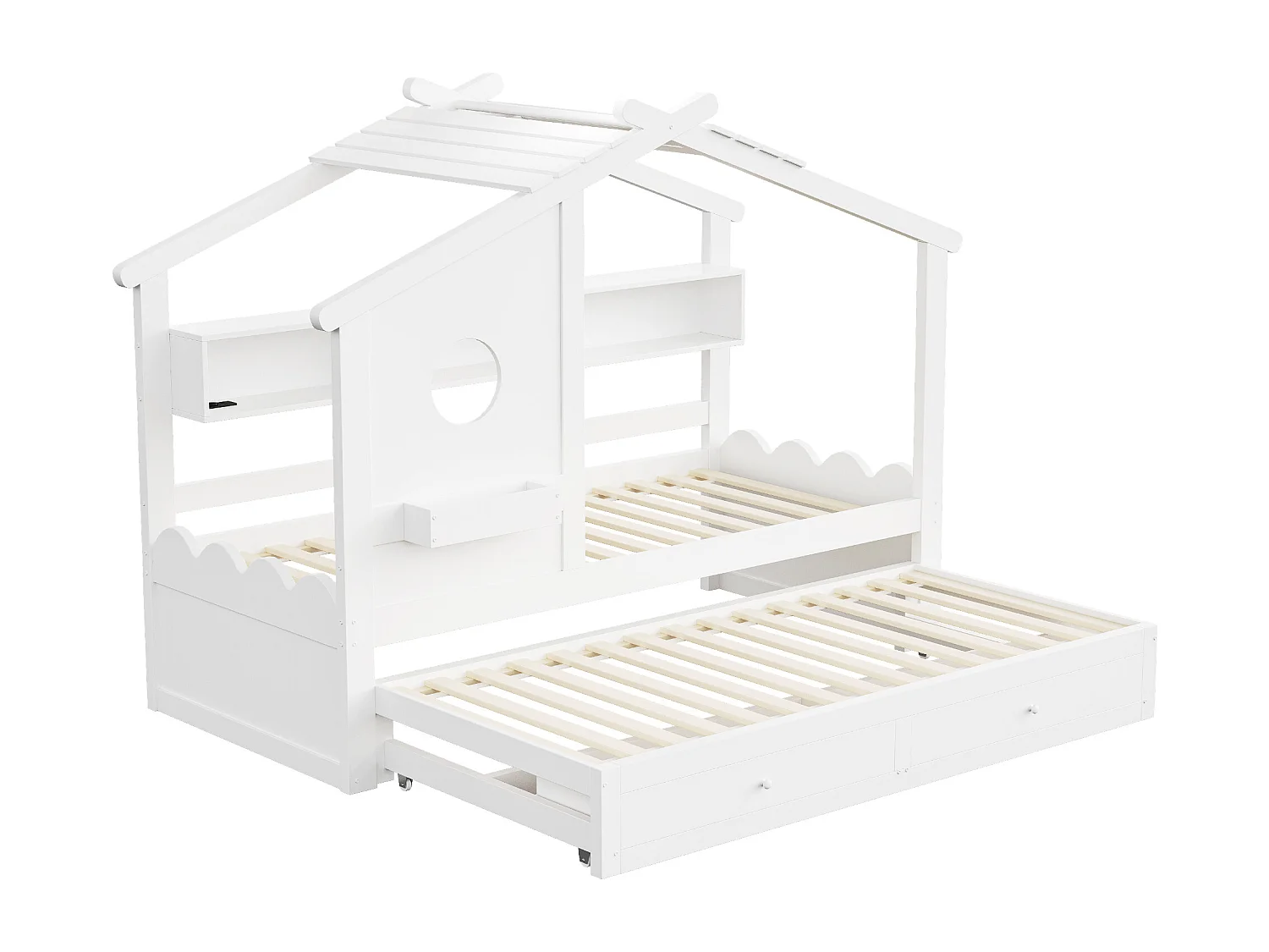 Kinderbett 90x200cm - mit Gästebett 90x190cm - mit 2 Schubladen - mit USB- und Type-C-Ladeanschlüssen - mit LED-Lichtern - weiß