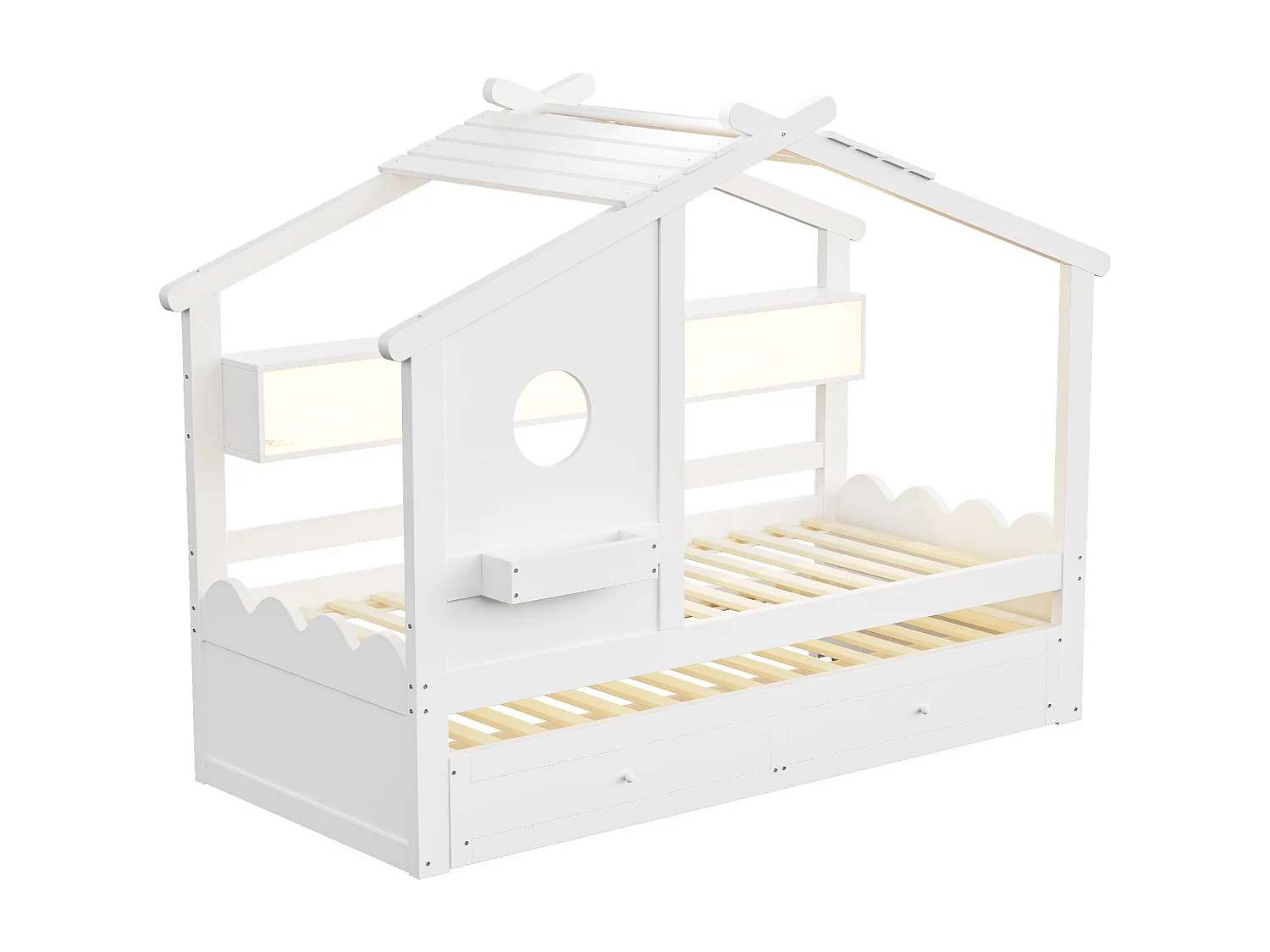 Kinderbett 90x200cm - mit Gästebett 90x190cm - mit 2 Schubladen - mit USB- und Type-C-Ladeanschlüssen - mit LED-Lichtern - weiß