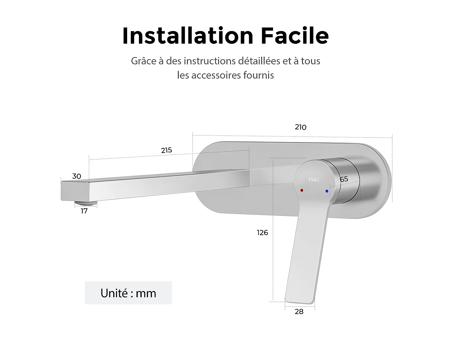 EMKE Mitigeur de lavabo mural encastrable chromé cartouche céramique laiton L.21xH.7 cm